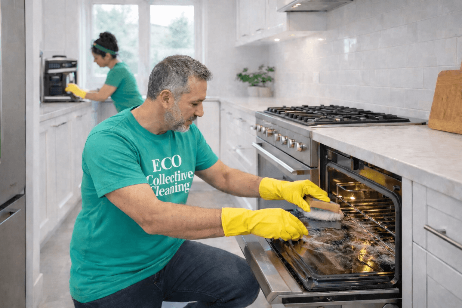 cleaning service removing post construction dust from a newly renovated kitchen layout